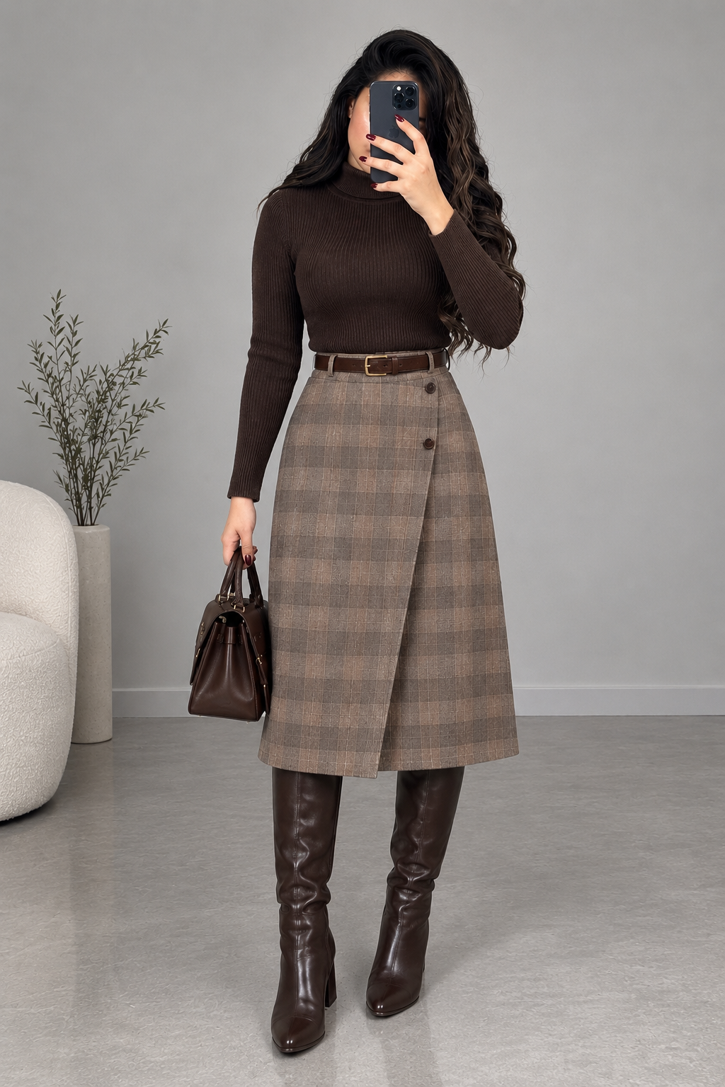Jupe à carreaux midi avec ceinture